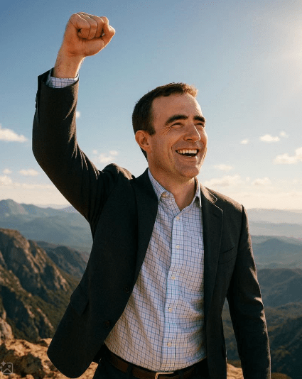 Totally not AI generated of me having climbed to the top of a mountain in the exact same suit that my website profile picture has.